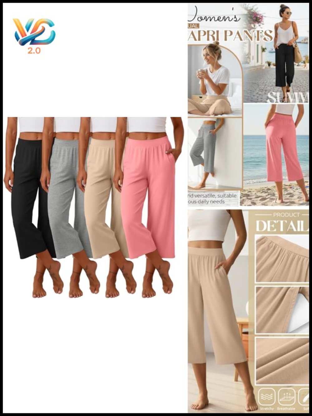 4 Pack Women's Wide Leg Capri Pants Yoga Sweatpants with Pockets